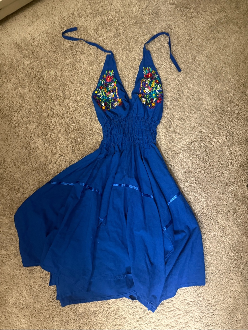 Blue Embroidered Halter Summer Dress